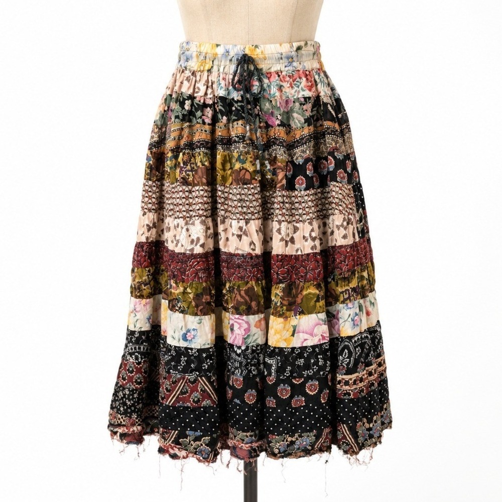 Vintage Y2K Boho Patchwork Tiered Skirt Multicolor‎ Cottagecore Festival Hippie